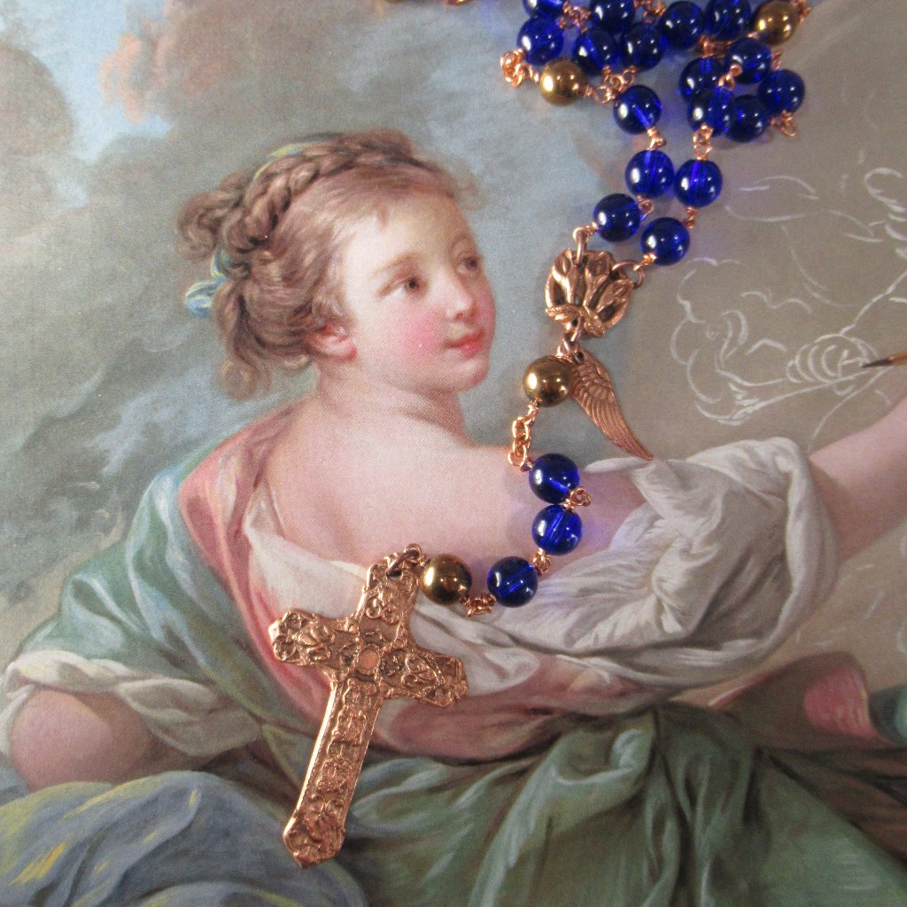 Blue Heaven Rosary, Solid Copper Cross And Lily Centerpiece